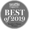 The image shows a circular badge reading "Seattle Magazine Best of 2019 Readers' Choice Winner.".