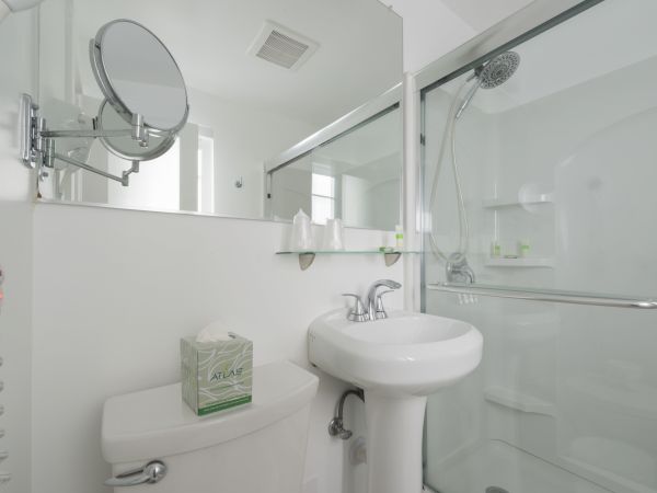 This image shows a clean, modern bathroom with a shower enclosure, a sink, a mirror, a tissue box on the toilet, and shelves holding toiletries, ending the sentence.