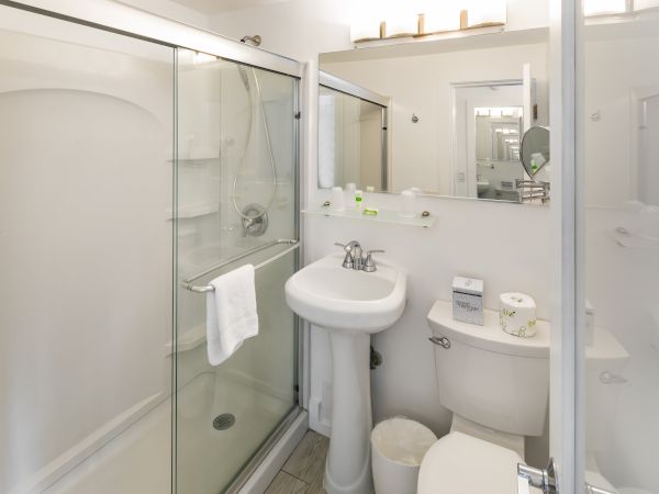 A compact bathroom with a glass shower enclosure, pedestal sink, mirror, toilet, and various toiletries neatly arranged on a shelf.