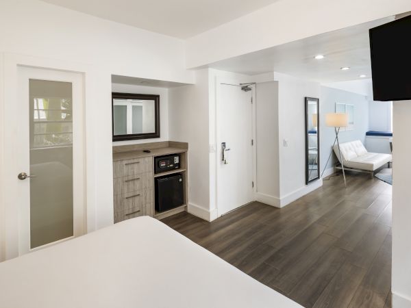 A modern hotel room with wood flooring, a bed, mirrored closet, TV, microwave, door to the bathroom, and a small seating area with a lamp and couch.