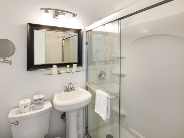 The image shows a modern bathroom with a pedestal sink, a toilet, a glass-enclosed shower, and a wall mirror with overhead lighting.