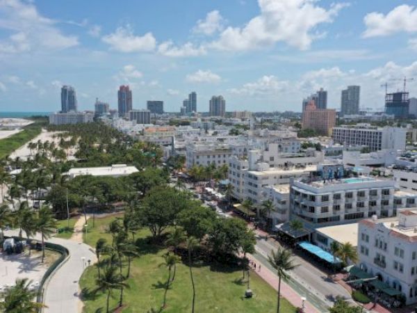 The image shows an aerial view of a coastal city with numerous buildings, palm trees, a park, and a beach in the background.