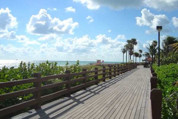 A boardwalk running alongside a beach with a cloudy sky, greenery, palm trees, and a distant structure, possibly a lifeguard tower, along the path.