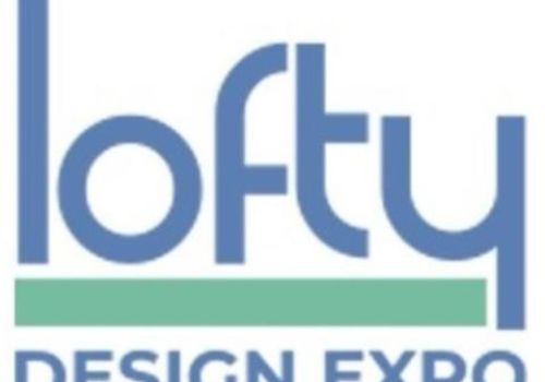 The image shows a logo with the words "lofty DESIGN EXPO" in blue and green on a white background.