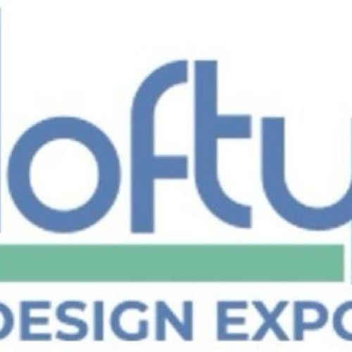 The image shows a logo with the words "lofty DESIGN EXPO" in blue and green on a white background.