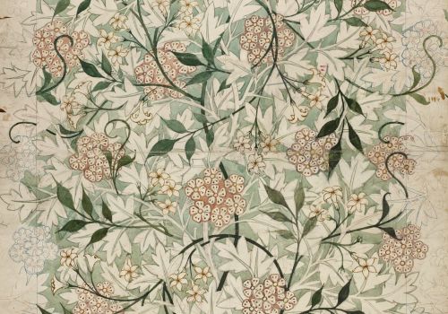 An intricate floral pattern with green leaves and pink flowers is arranged symmetrically on a textured background.