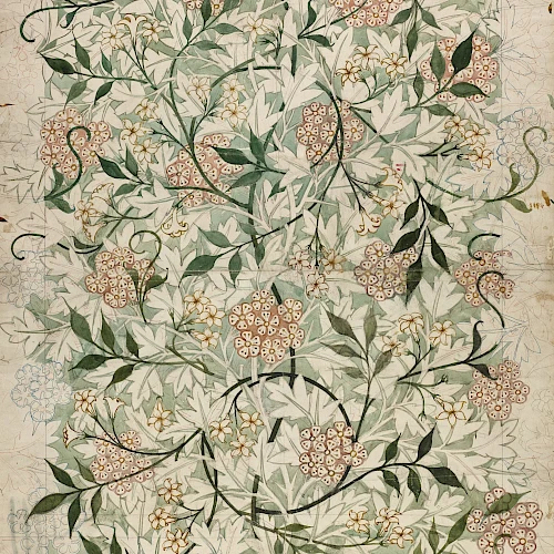 An intricate floral pattern with green leaves and pink flowers is arranged symmetrically on a textured background.