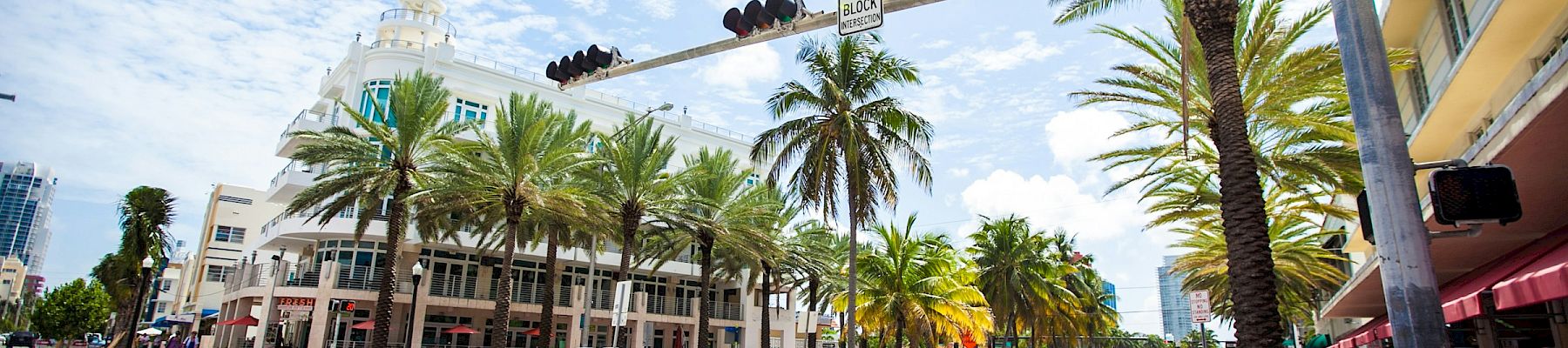 A sunny street corner with the “Ocean Dr” sign, palm trees, cars, and traffic lights under a blue sky.