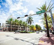 A sunny street corner with the “Ocean Dr” sign, palm trees, cars, and traffic lights under a blue sky.