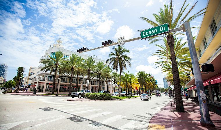 A sunny street corner with the “Ocean Dr” sign, palm trees, cars, and traffic lights under a blue sky.