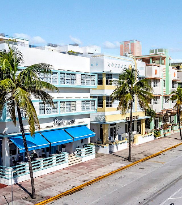 A sunny city street lined with palm trees, a modern hotel building, and distant towers under a blue sky.