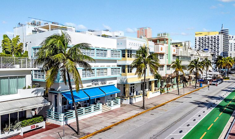 A sunny city street lined with palm trees, a modern hotel building, and distant towers under a blue sky.